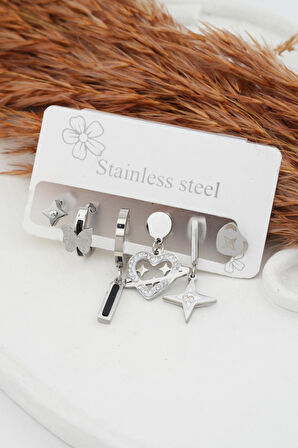 Kadın Kararmaz 6'lı Kuzey Yıldızı ve Kalp Detaylı Çelik  Set Küpe