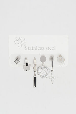 Kadın Kararmaz 6'lı Kuzey Yıldızı ve Kalp Detaylı Çelik  Set Küpe