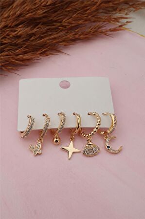 Kadın Altın Kaplama Kararmaz Zirkon İşleme 6 lı Küpe Set