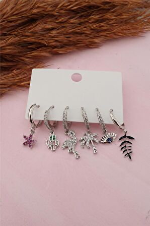 Kadın Altın Kaplama Zirkon İşleme Çiçekli 6 lı  Küpe Seti