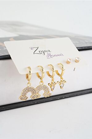 Kadın Vip Seri Baget Zirkon Taşlı  Gökkuşagı Model 6'lı küpe Seti