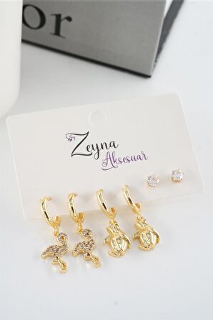 Kadın Vip Seri Zirkon Taşlı Flamingo ve Penguen Figürlü 6'lı küpe Seti