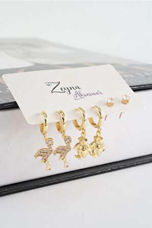 Kadın Vip Seri Zirkon Taşlı Flamingo ve Penguen Figürlü 6'lı küpe Seti