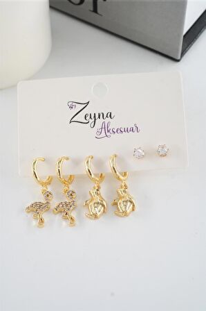 Kadın Vip Seri Zirkon Taşlı Flamingo ve Penguen Figürlü 6'lı küpe Seti
