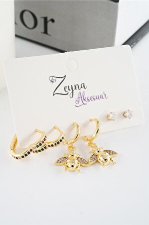 Kadın Vip Seri Mix Zirkon Taşlı Kalp ve Arı Figürlü 6'lı küpe Seti