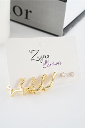 Kadın Vip Seri Zirkon Taşlı Yıldız Figürlü 6'lı küpe Seti