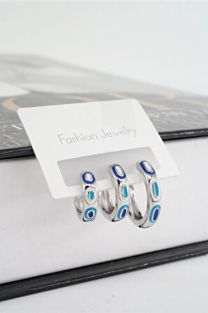 Kadın Vip Seri Mineli Nazar Motifli 3'lü Halka Küpe