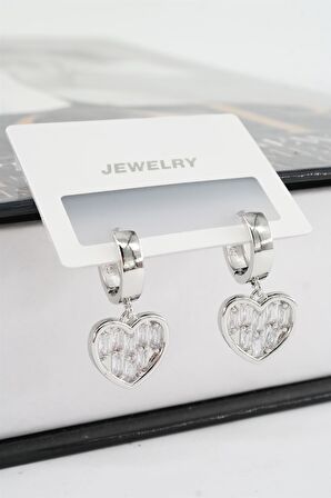 Kadın Vip Seri Baget Zirkon Taşlı Sallantılı Kalp Model Klipsli 2'li Set Küpe
