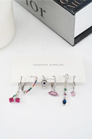 Kadın Vip Seri Mix Zirkon Taşlı 6'lı Küpe Seti