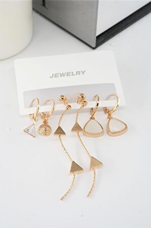 Kadın 6.5 cm Zigzag Sallantılı ve Üçgen Sedefli 6'lı Küpe Seti