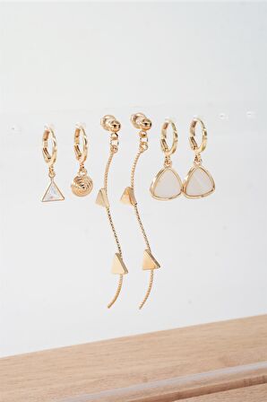 Kadın 6.5 cm Zigzag Sallantılı ve Üçgen Sedefli 6'lı Küpe Seti