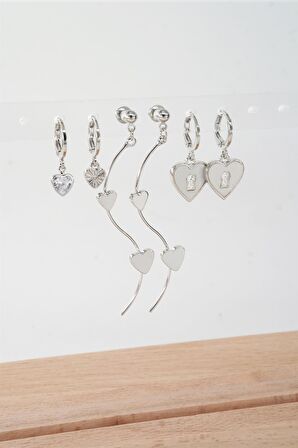 Kadın 6.5 cm Zigzag Sallantılı ve  Sedefli Kalp Model 6'lı Küpe Seti