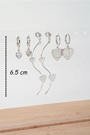 Kadın 6.5 cm Zigzag Sallantılı ve  Sedefli Kalp Model 6'lı Küpe Seti