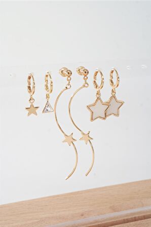 Kadın 6.5 cm Zigzag Sallantılı ve  Sedefli Yıldız Model 6'lı Küpe Seti