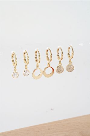 Kadın Zirkon Taşlı Sallantılı Oval Figürlü Klipsli 6'lı Küpe Seti