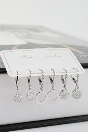 Kadın Zirkon Taşlı Sallantılı Oval Figürlü Klipsli 6'lı Küpe Seti