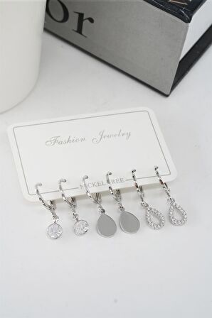 Kadın Zirkon Taşlı Sallantılı Damla Figürlü Klipsli 6'lı Küpe Seti