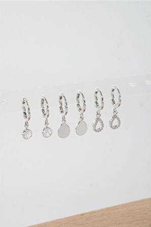 Kadın Zirkon Taşlı Sallantılı Damla Figürlü Klipsli 6'lı Küpe Seti