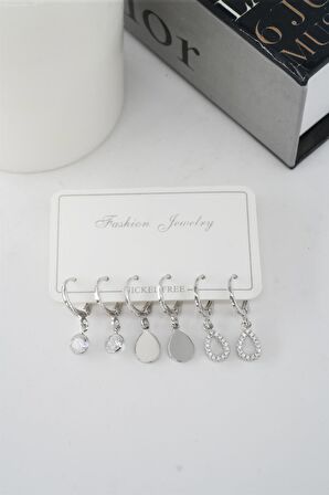 Kadın Zirkon Taşlı Sallantılı Damla Figürlü Klipsli 6'lı Küpe Seti