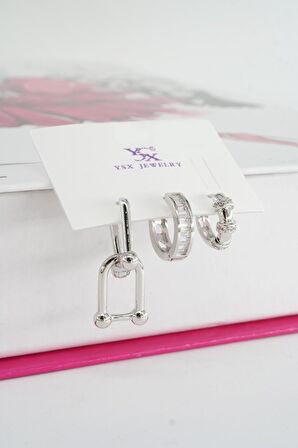 Kadın Vip Seri Baget Zirkon Taşlı 3'lü Küpe Seti
