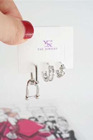 Kadın Vip Seri Baget Zirkon Taşlı 3'lü Küpe Seti