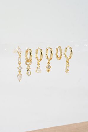Kadın Vip Seri Özel Tasarım Baget Zirkon Taşlı 6'lı Küpe Seti 003