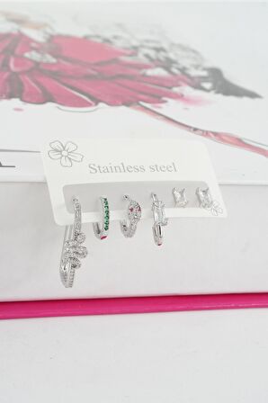 Kadın Vip Seri Özel Tasarım Baget Zirkon Taşlı 6'lı Küpe Seti 009