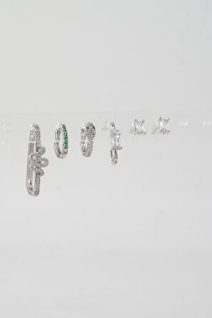 Kadın Vip Seri Özel Tasarım Baget Zirkon Taşlı 6'lı Küpe Seti 009