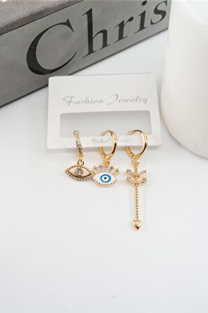 Kadın Vip Seri Zirkon Taşlı Göz Figürlü 3'lü Set Küpe