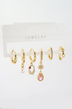 Kadın Vip Seri Zirkon Taşlı Karışık Figürlü 6'lı Küpe Seti