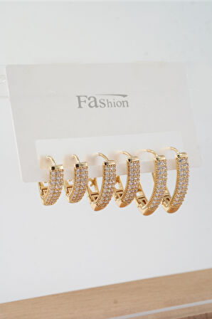 Kadın Vip Seri Zirkon Taşlı 3 Boy 6'lı Küpe Seti