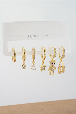 Kadın Vip Seri Zirkon Taşlı Karışık Figürlü 6'lı Küpe Seti ZRK0020