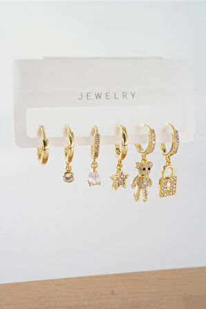 Kadın Vip Seri Zirkon Taşlı Karışık Figürlü 6'lı Küpe Seti ZRK0020