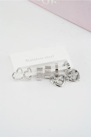 Kadın Vip Seri Baget Zirkon Taşlı Kalp Model Klipsli 6'lı Set Küpe