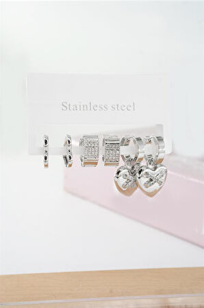 Kadın Vip Seri Baget Zirkon Taşlı Kalp Model Klipsli 6'lı Set Küpe