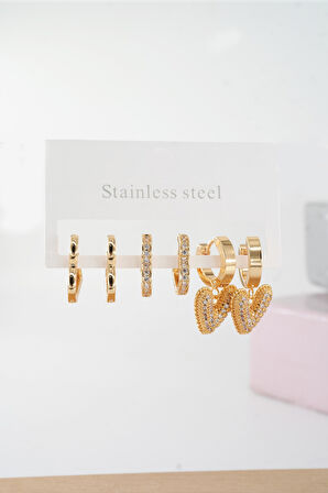 Kadın Vip Seri Baget Zirkon Taşlı Kalp Model Klipsli 6'lı Set Küpe