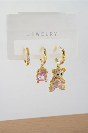 Kadın Vip Seri Baget Zirkon Taşlı Karışık Figürlü 3'lü Küpe  zrk00552