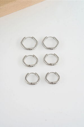 Kadın 316 L Çelik Anti alerjenik  Beşgen model 3 Boy 1.8cm / 2.2 cm /2.5 cm Klipsli 6'lı Set Küpe   