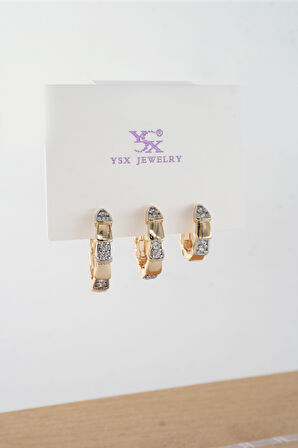 Kadın Vip Seri  Antialerjik Baget Zirkon Taşlı  Rodajlı 2 Renk 3'lü Küpe