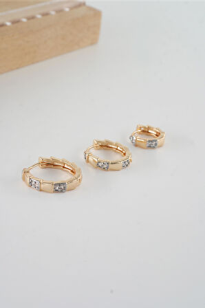 Kadın Vip Seri  Antialerjik Baget Zirkon Taşlı  Rodajlı 2 Renk 3'lü Küpe