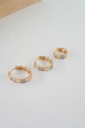 Kadın Vip Seri  Antialerjik Baget Zirkon Taşlı  Rodajlı 2 Renk 3'lü Küpe
