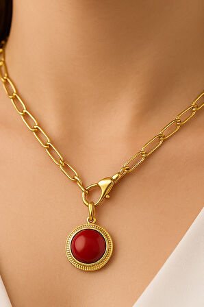 Oval Renkli Taşlı Madalyon Önden Klipsli  Kolye 