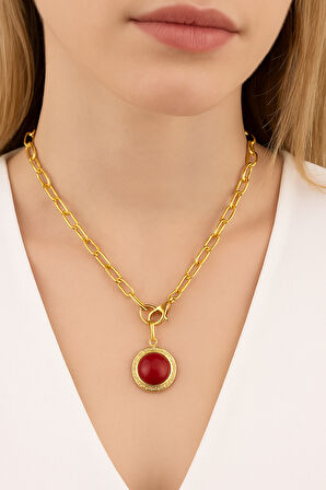 Oval Renkli Taşlı Madalyon Önden Klipsli  Kolye 