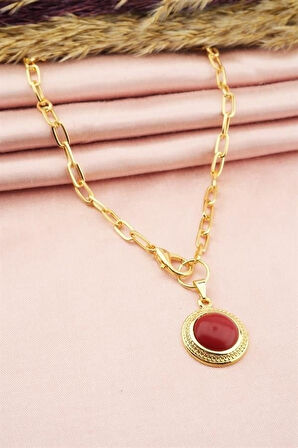 Oval Renkli Taşlı Madalyon Önden Klipsli  Kolye 