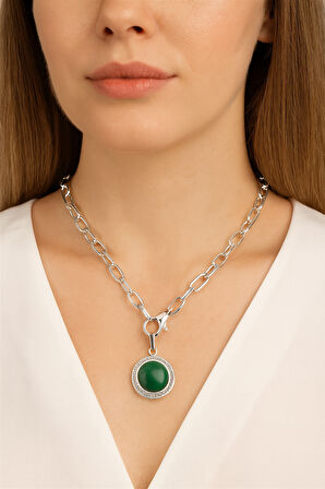 Oval Renkli Taşlı Madalyon Önden Klipsli  Kolye 