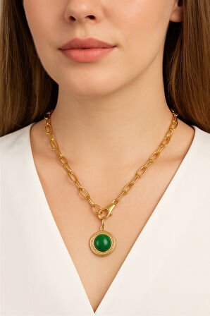 Oval Renkli Taşlı Madalyon Önden Klipsli  Kolye 