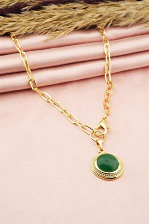 Oval Renkli Taşlı Madalyon Önden Klipsli  Kolye 