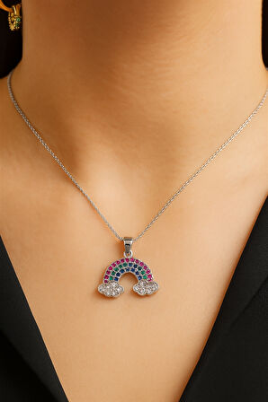 Kadın Gökkuşağı Figürlü Kolye  Renkli Taşlı & Zarif Tasarım