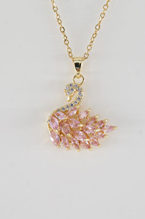 Kadın Kararmaz Çelik Gold Kuğu Tasarım Pembe Taşlı Özel Tasarım Kolye – Hediyelik