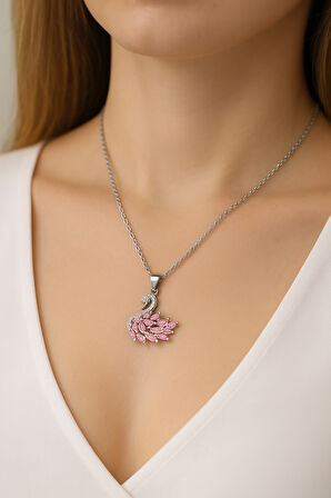 Kadın Kararmaz Çelik Gümüş Kuğu Tasarım Pembe Taşlı Özel Tasarım Kolye – Hediyelik